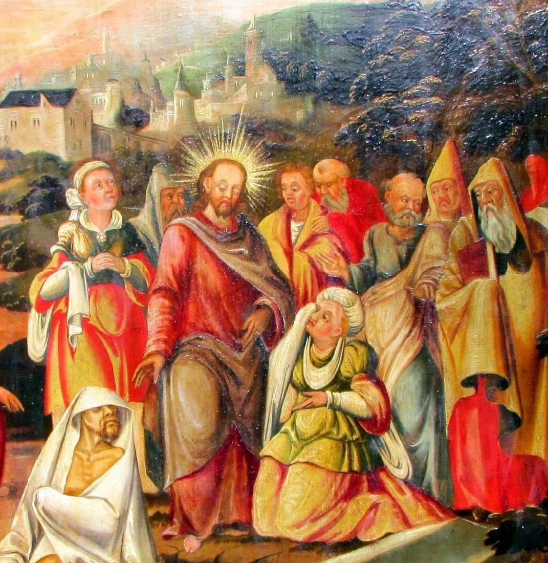 Old Master Painting of Hans Schäufelein School: Old Master Painting of Hans Schäufelein School. German Northern Renaissance Painter, ca. 1480-1540. Raising of Lazarus. Late 15th-Early 16th century. Medium: Tempera and Oil on Wood panel. Dimensions