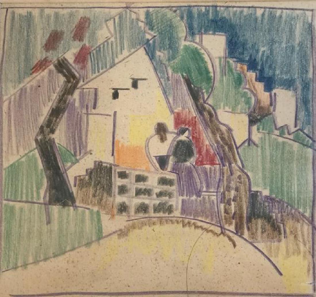 Karl Knaths (1891-1971): Town, 1922, crayon on paper, Estate stamp verso, 7.5 x 6.5 inches, framed. Everson Museum label verso. Condition: Good