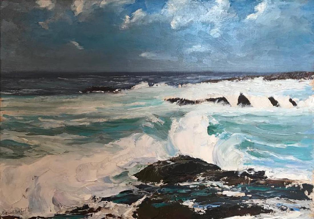 Holland Foster (1906-1984): Coastal Breakers, Seascape on Maine Coast, c. 1974, oil on canvasboard, SLL, 12 x 17 inches, framed. Provenance: Artist, Collection of the Neff Family. Condition: Good