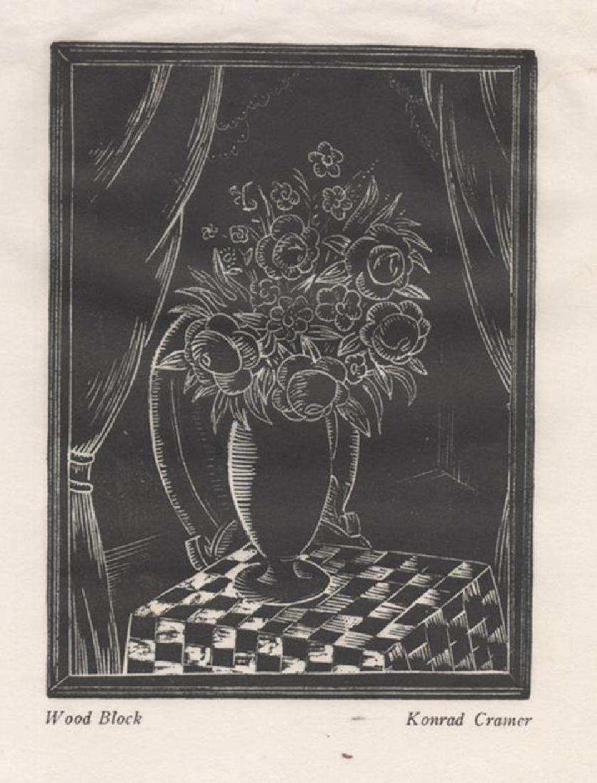 Konrad Cramer (1888-1963): Untitled (Floral Arrangement on Checkered Cloth), c. 1920, letterpress print, SLR, 5 x 3.75 inches (framed 12 7/8 x 11 inches), Published (tipped in) in Woodstock's Hue & Cry, 1926. Condition: Good