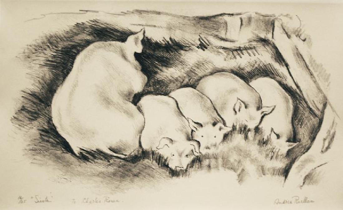 Andree Ruellan (1905-2006): Siesta, n.d., chine colle, Ed. 16/25, SLR, titled and inscribed "To Charles Rosen," 7.75 x 13 inches, framed. Condition: Good