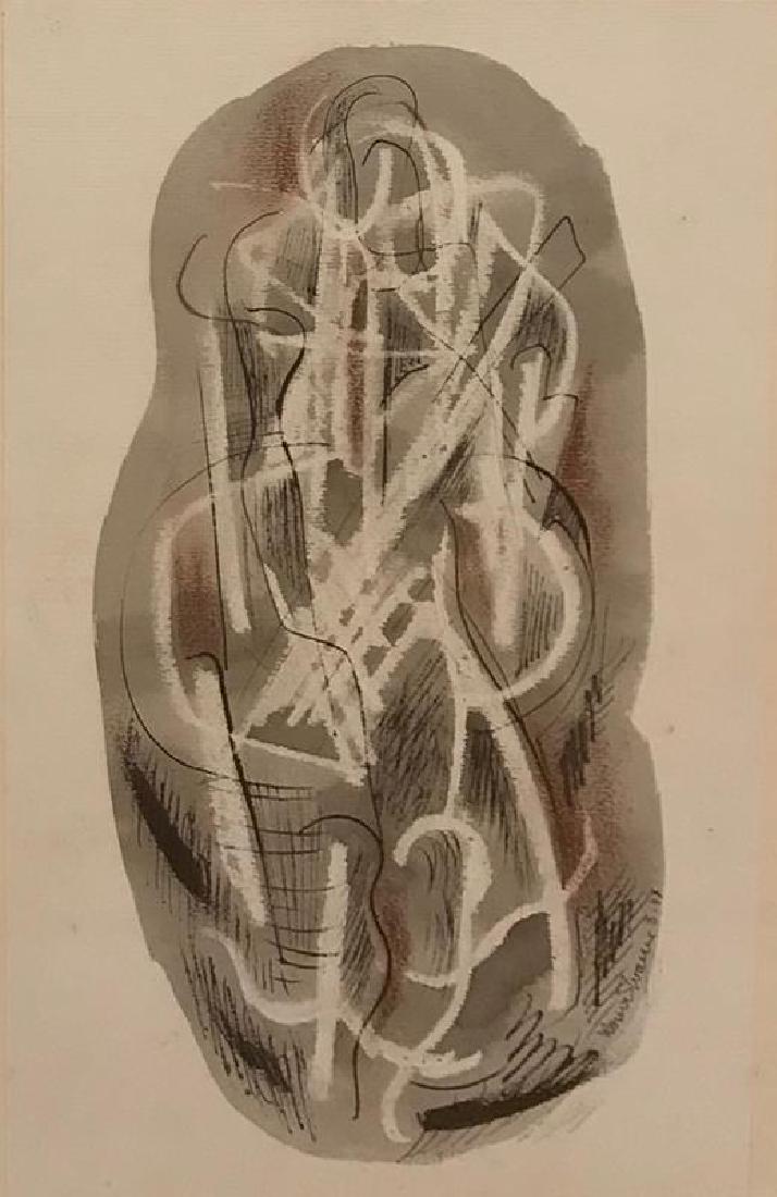 Konrad Cramer (1888-1963): Untitled (Figural Abstract), March 1948, watercolor and ink on paper, SLR, 12 x 7.5 inches, framed. Condition: Good