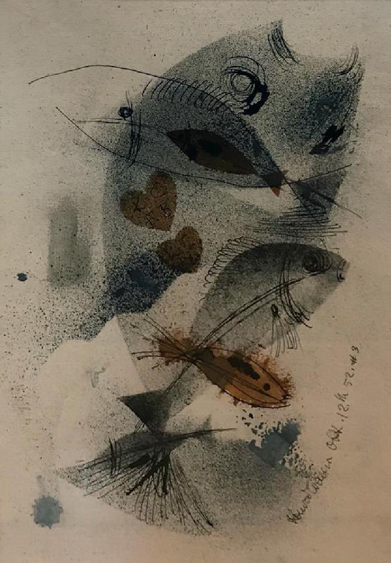 Konrad Cramer (1888-1963): October 12th, 1952 #3, ink and gouache on paper, SLR, 11 x 8 inches, framed. Condition: Good