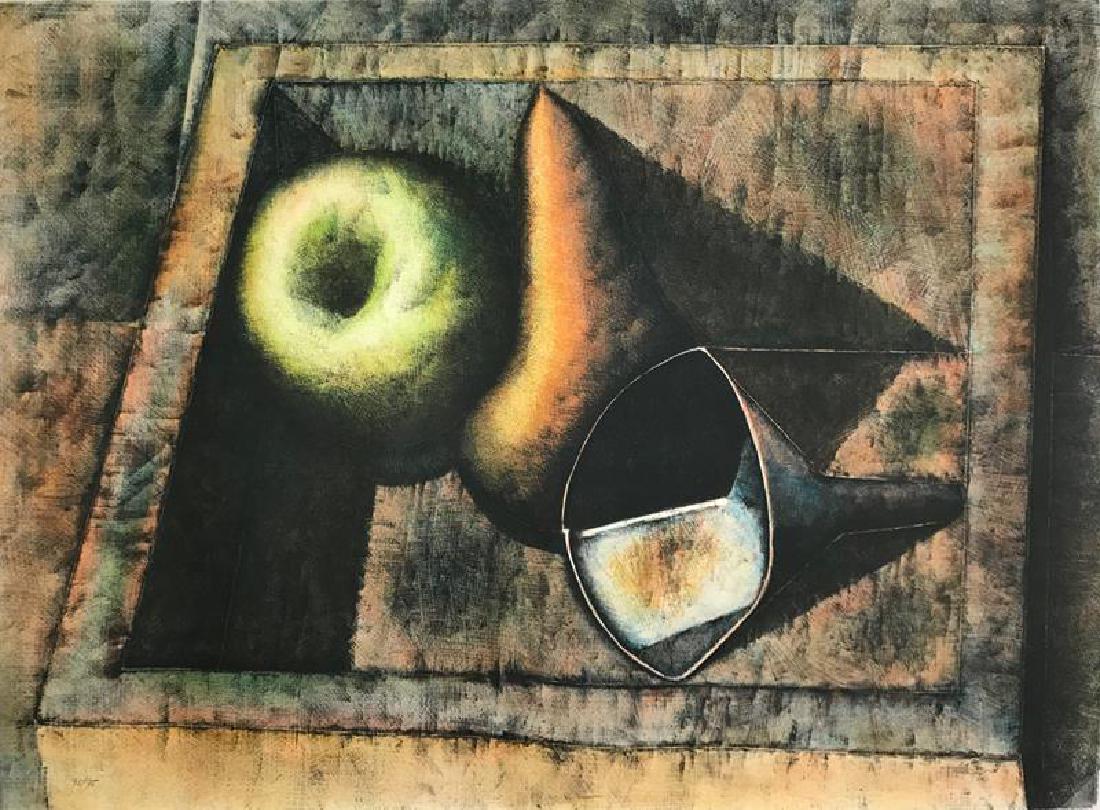 Armando Morales (Nicaraguan, 1927-2011): Bodegon (Still Life with Apple, Pear and Funnel), 1980, lithograph in color on Arches paper, Ed. 75/75, SLR and dated in pencil, 22.25 x 30.25 inches, unframed. Condition: Good, slight bend upper left