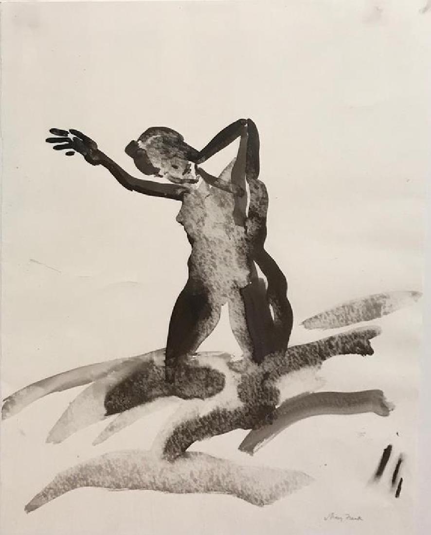 Mary Frank (b. 1933): Untitled (Figure Kneeling), 1985, ink wash on paper, SLR, 25 x 18.25 inches, framed, Klein Collection. Condition: Good