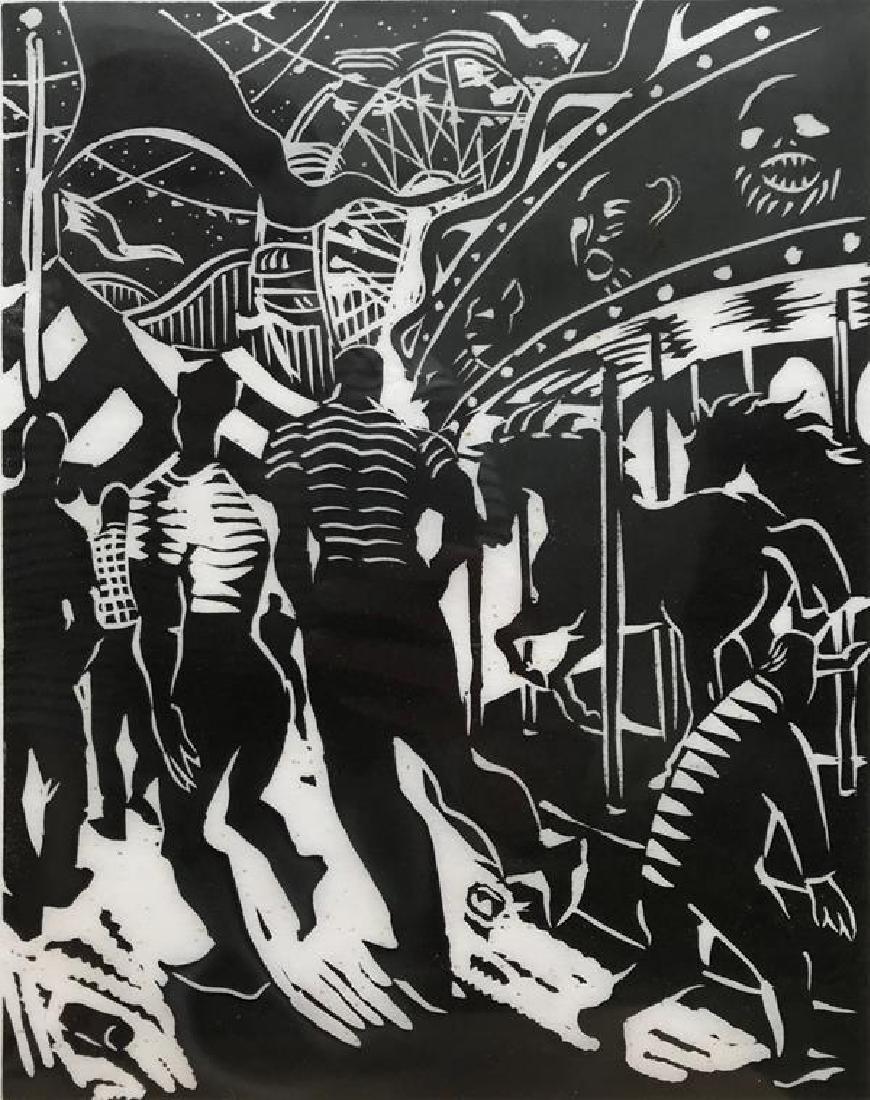 Leslie Bender (20th century): Spinning Worlds, 1992, linocut, 29/90, SLR, 17.5 x 14.75 inches, framed, Condition: Some foxing overall