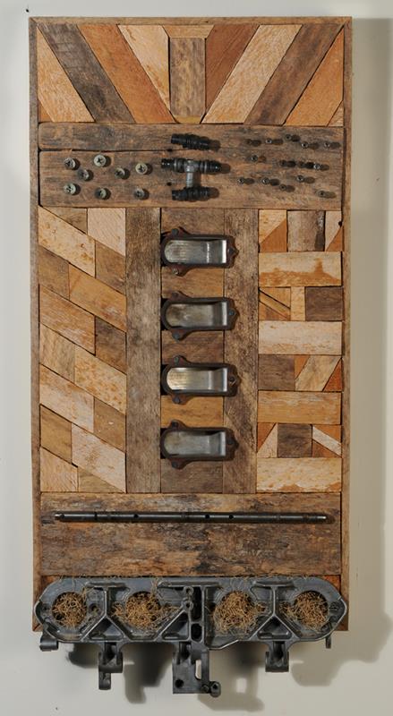 Sarah Mecklem: Cycle, Recycled, 2004 mixed media: auto parts, scrap wood & grass signed verso 25.5 x 12.5 inches self-framed WAAM was founded in 1919 by artists seeking to foster their fellow artists by providing ex