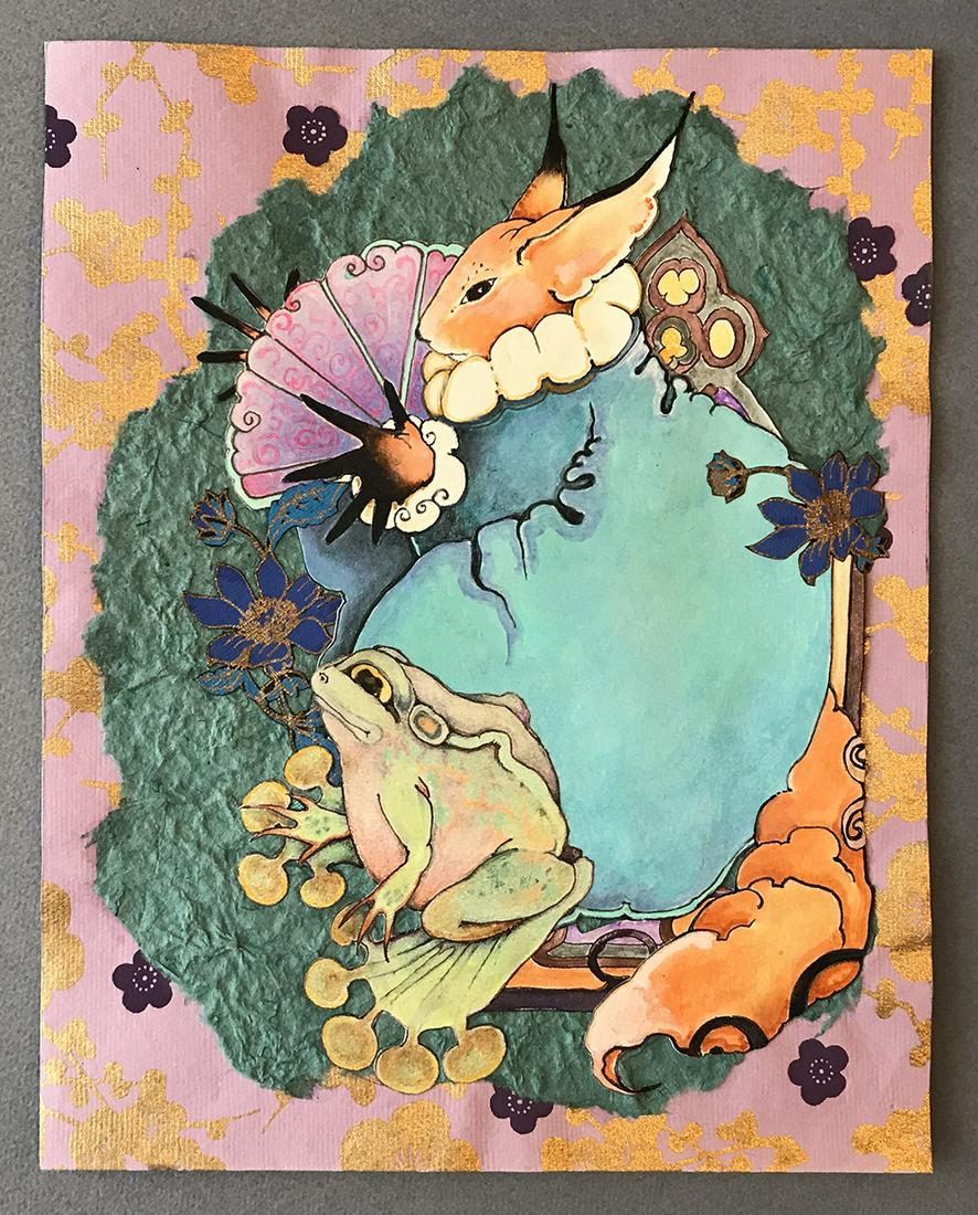 Hatti Iles, 'The Fox, the Frog and the Fan': 2020, collage, oil, colored pencil and watercolor, 8"x10"