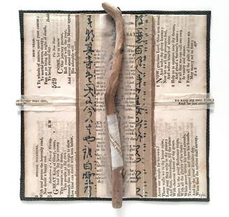Carole Kunstadt, Duality: twig, gampi tissue, thread, kimono silk, antique book pages (1844) date created:2007 size:11" x 11"