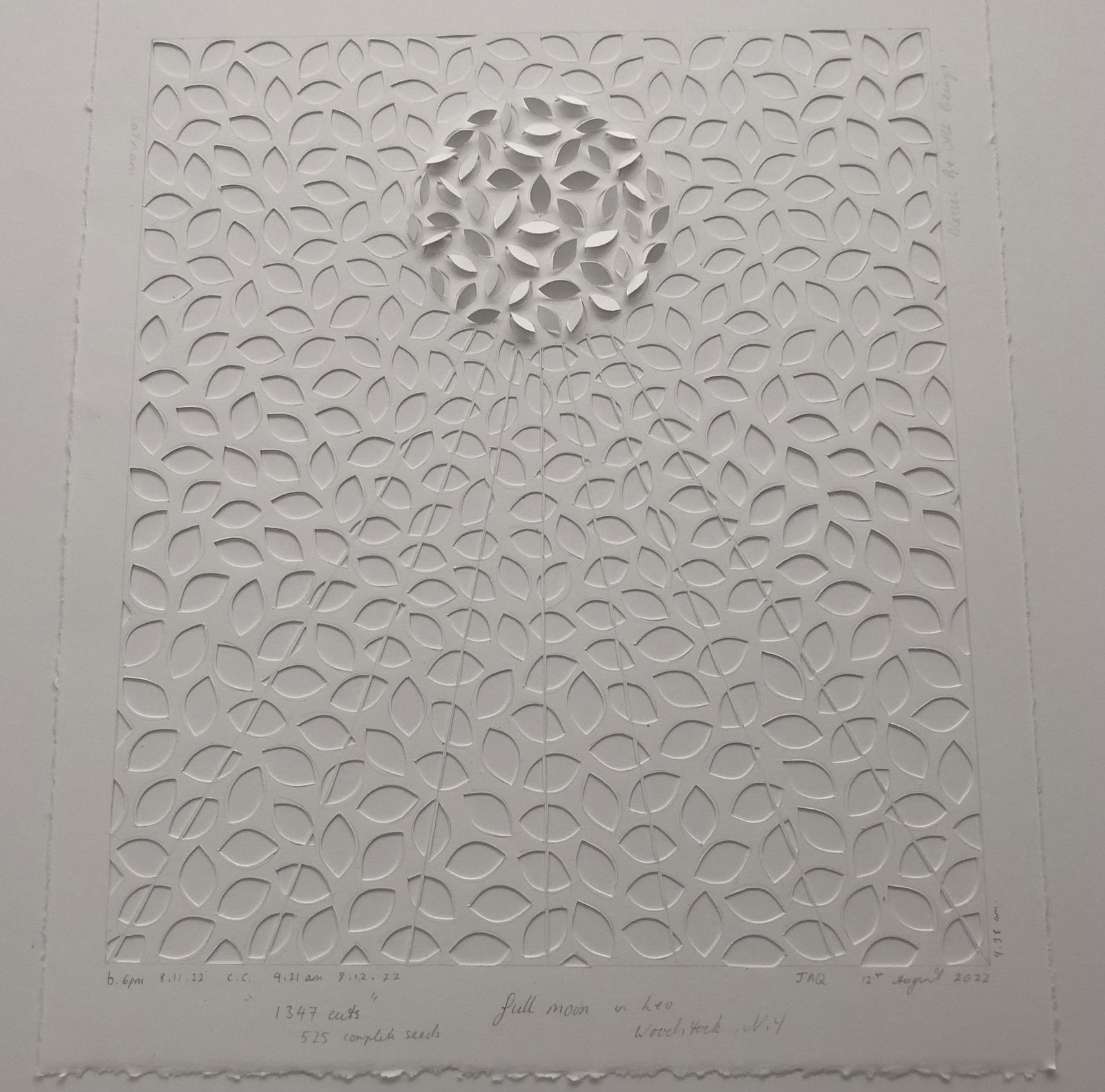 Jaq Belcher, Full moon, in Leo, Woodstock, NY: Hand cut paper, 1347 cuts. date created:2022 size:14" x 12"