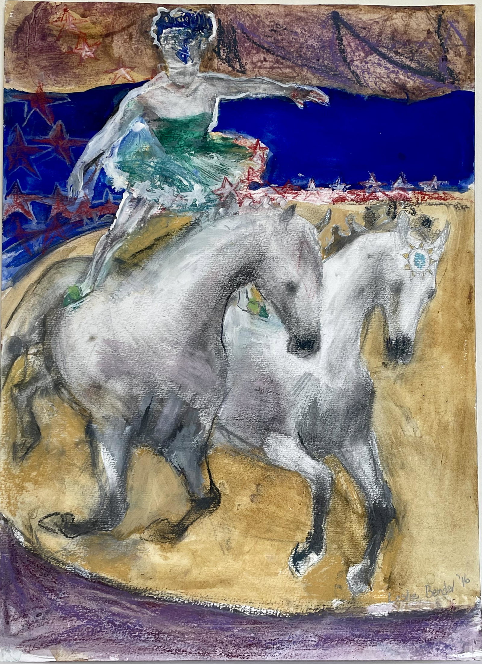 Leslie Bender, Roman Rider: Gouache, charcoal and colored pencil on paper date created:2016 size:15" x 11"