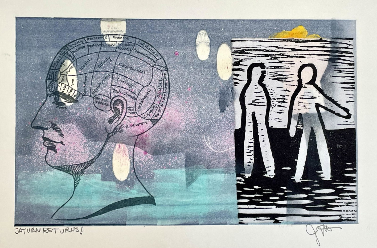 Joan Ffolliott, Saturn Returns: Collograph print date created:2021 size:9" x 12"