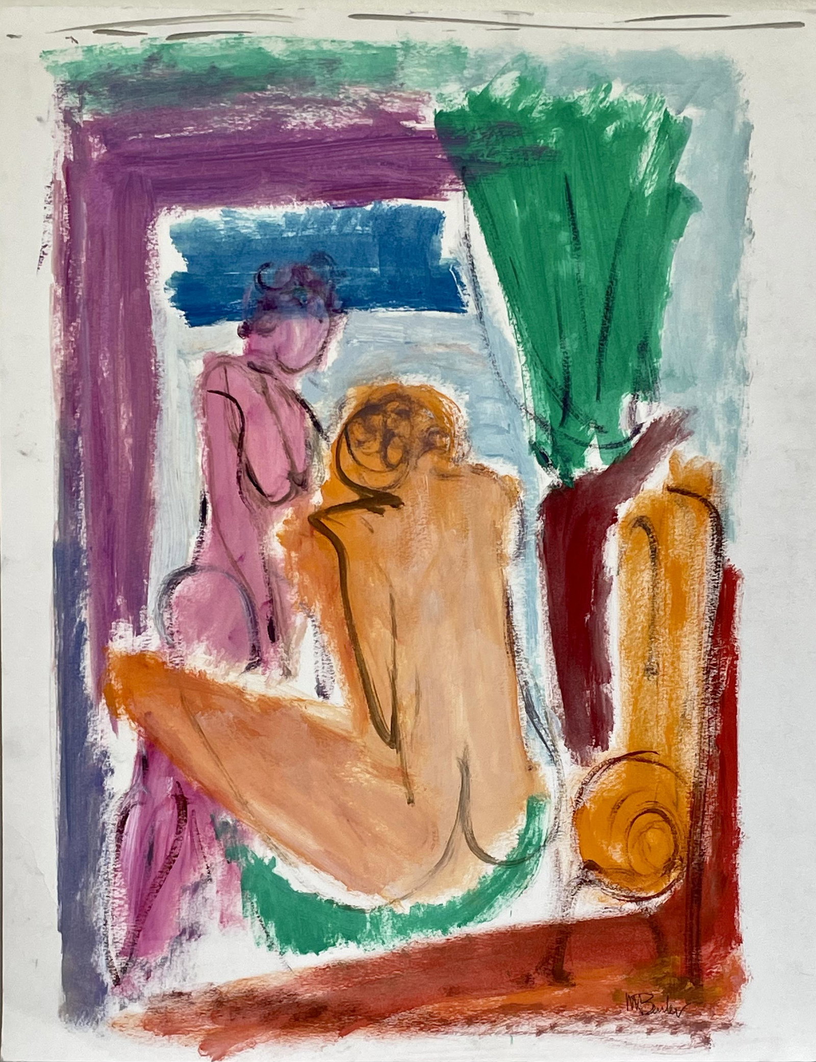 Leslie Bender, Two Models, Orange and Pink: Oil on gessoed paper date created:1976 size:20" x 16"