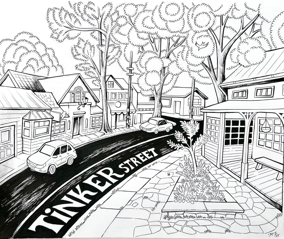 Matteo Farinella: Tinker Street, 2025, pen & ink, 14" x 17"