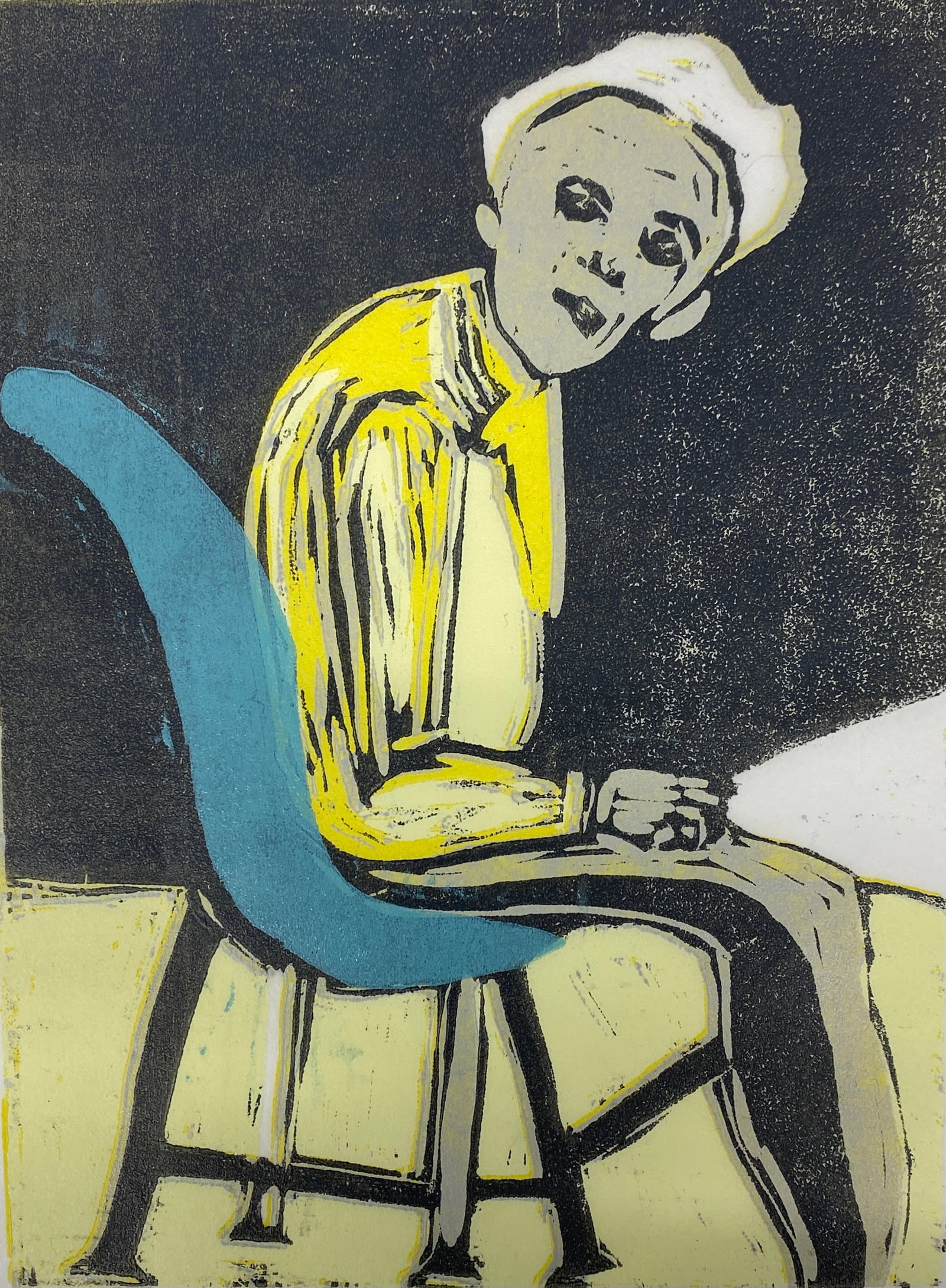 Paula Kagan: Sketching, 2025, Color woodcut, 12" x 9"