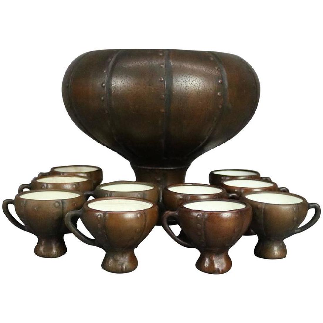 Clewell Copper Clad Art Pottery Punch Bowl & 10 Cups (1 of 9)