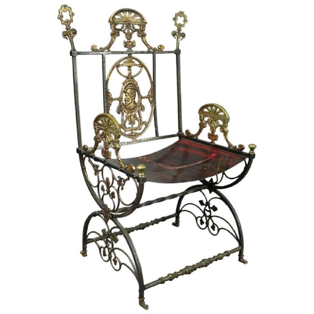 Antique Neoclassical Roman Iron & Bronze Throne Chair: Antique Neoclassical throne chair features wrought iron construction with traditional X-frame legs, bronze applied chimeras flanking the center crest and repeated as arm supports, central warrior mask
