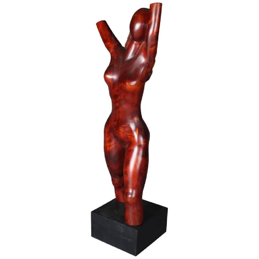 Tall Mid-Century Modern Figural Carved Wood Sculpture,: Mid Century Modern figural carved wood sculpture depicts nude female torso on ebonized base, mid 20th century Measures - 38.5"h x 12"w x 9.5"d
