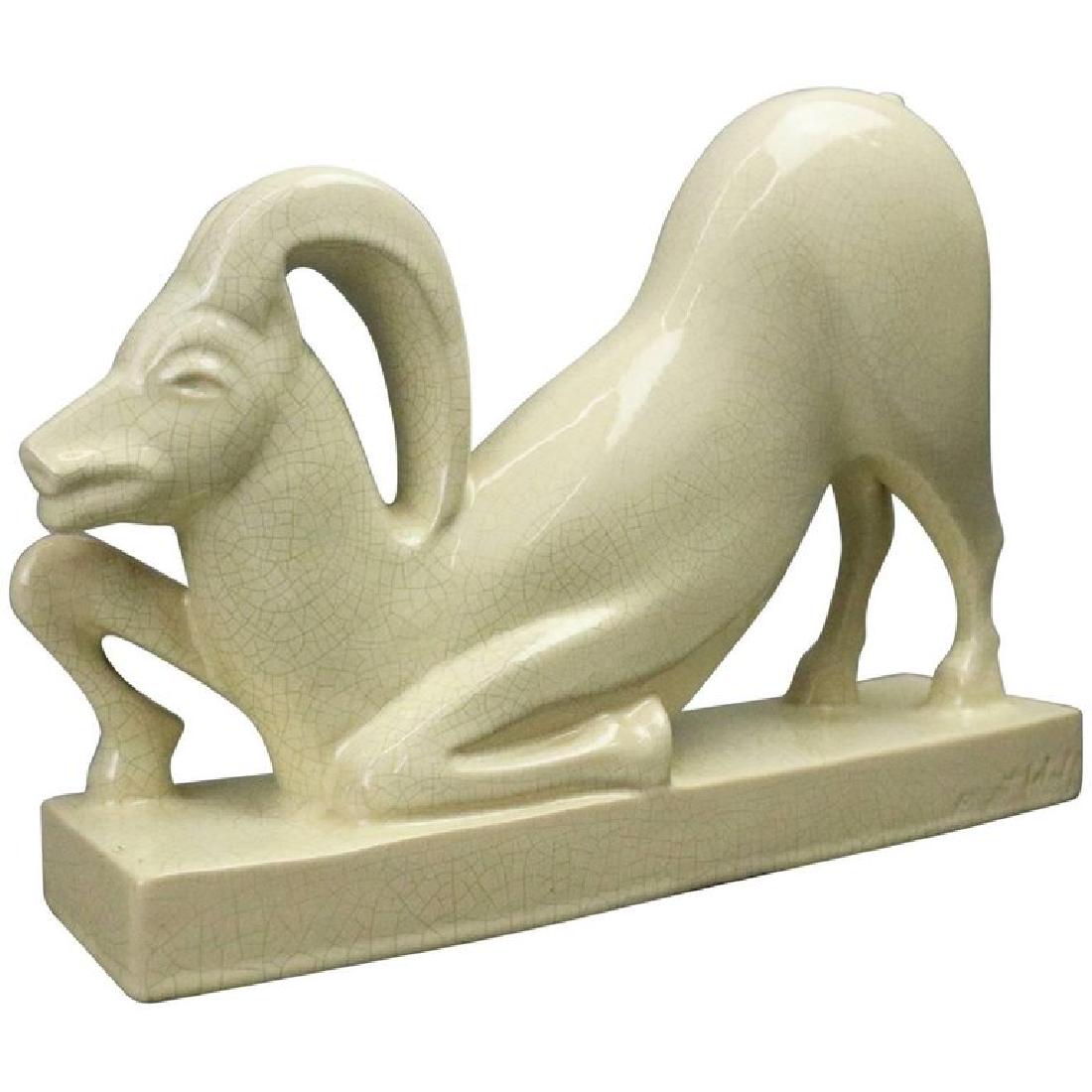 Antique Art Deco Figural Pottery Gazelle Signed Wolf: Antique Art Deco figural glazed pottery sculpture of bowing gazelle with "Wolf" signed on base, circa 1920 Measures: 8.5" H x 11" W x 3" D.
