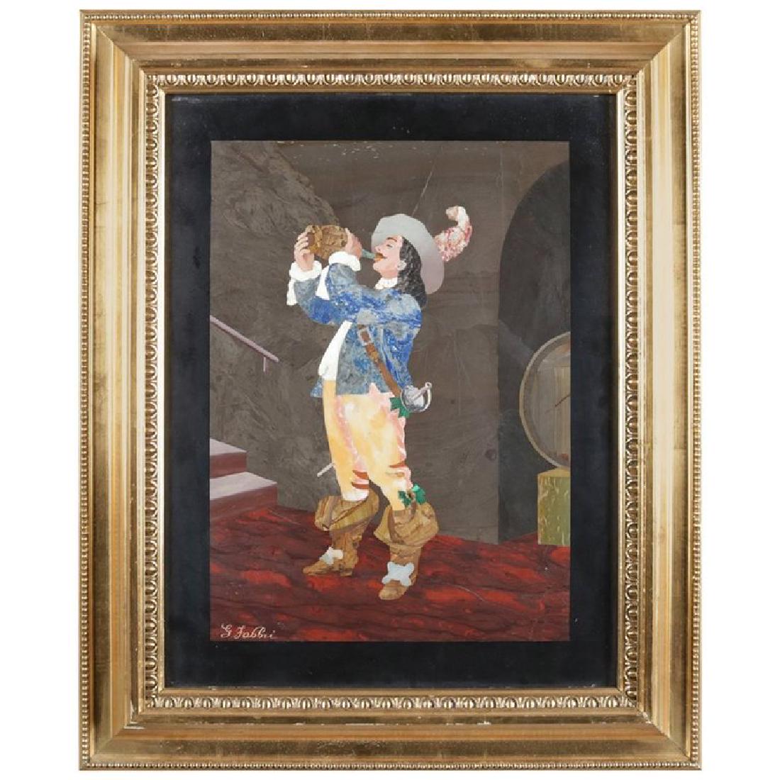 Antique Italian Pietra Dura Portrait Plaque, Signed: Antique Italian Pietra Dura portrait plaque depicts man drinking his wine signed G. Fabbri, en verso "Arte del Mosaico via San Giuseppe 36 Florence, Italy", circa 1920 Measures - 20.25" H x 16.5" W x 