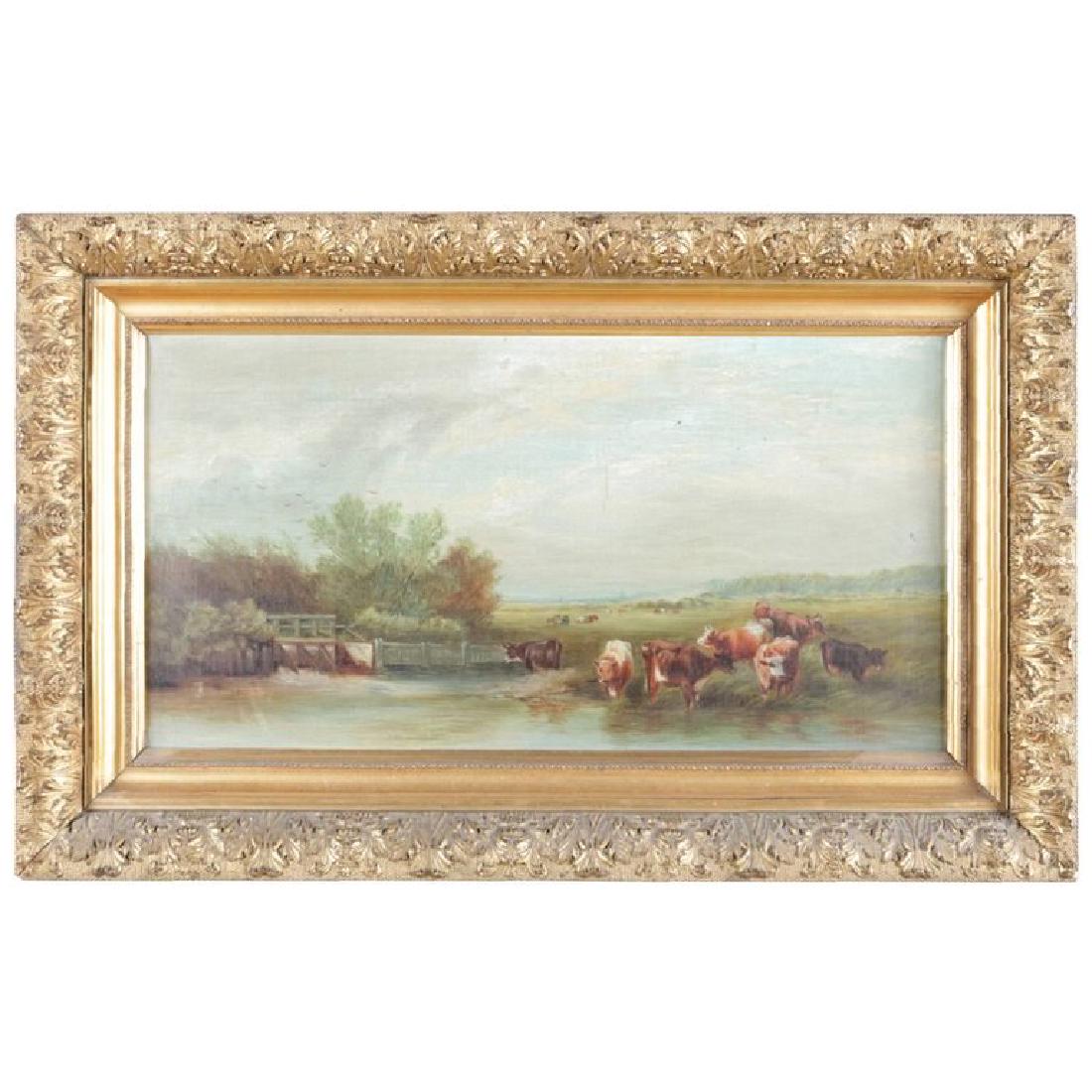 Antique Oil on Canvas Landscape with Stream & Cattle (1 of 9)