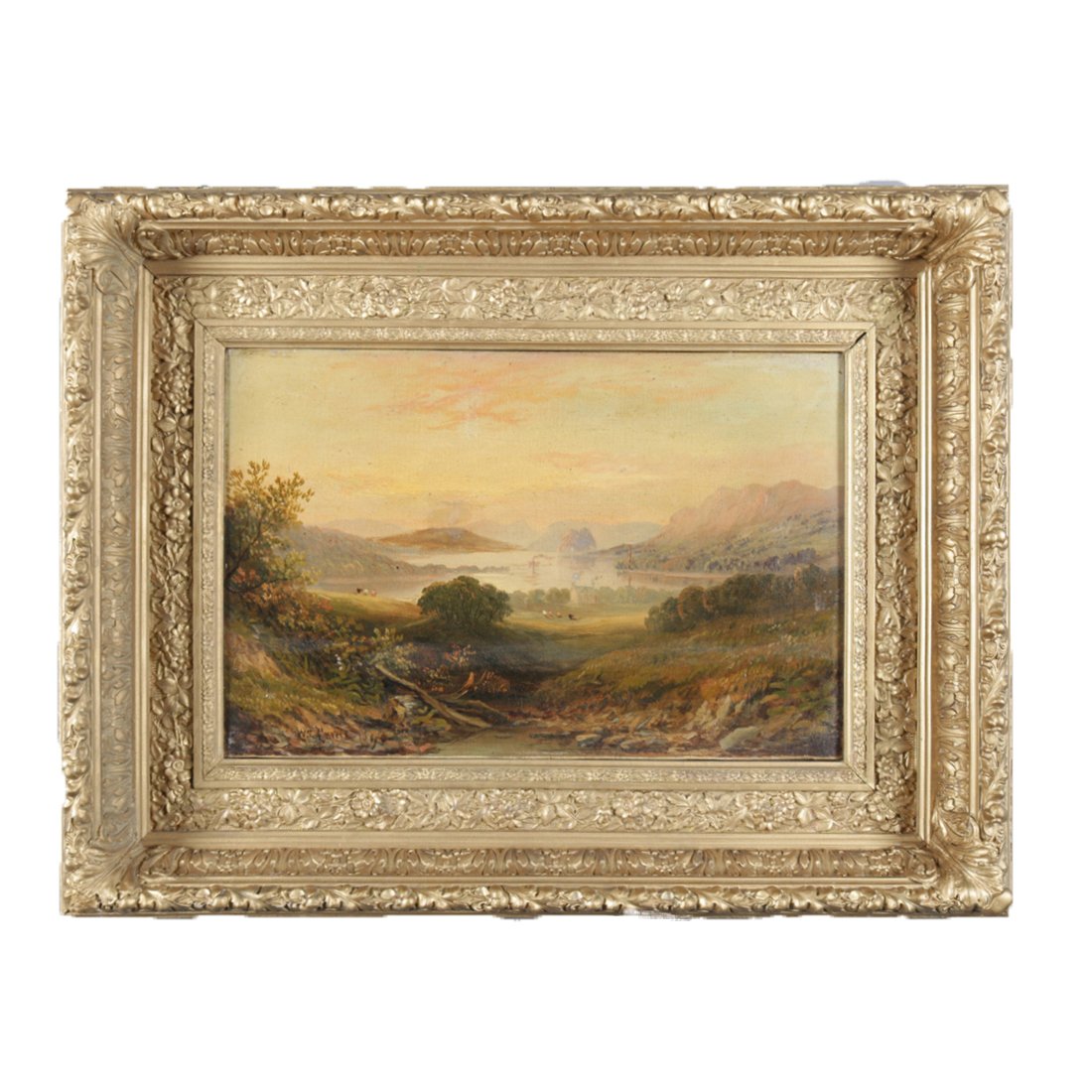 Antique English Landscape Oil Painting by W. Currie, RA: Antique English oil on canvas painting by William Currie, R.A. (British 1846-1892) features landscape with mountains and lake, signed lower left W. Currie 1890, seated in floral and foliate giltwood f