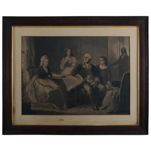 Antique Ed Savage Stipple Engraving Washington & Family: Antique framed print of "Washington and The Family", original ink on paper stipple engraving by Edward Savage (American, 1761 - 1817) ink on paper; stipple engraving, 19th century. Measures: frame