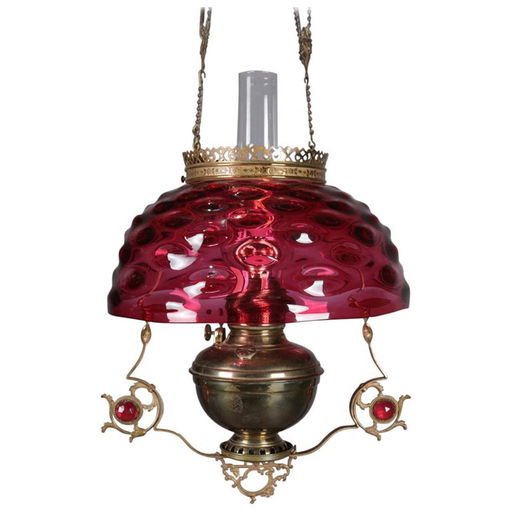 Antique Cranberry Glass Bronze Hanging Gas Light