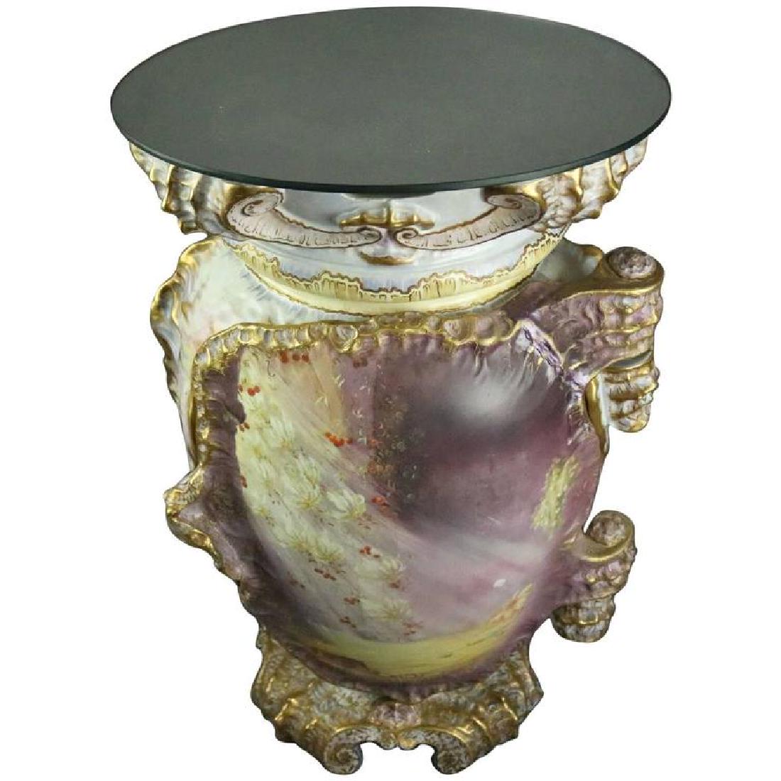 English Turner Hand-Painted Porcelain Dressing Table: Rare antique nautical "Save Me Ye Angels" sculptural English mirror top dressing table features hand-painted countryside scene on front door opening to internal storage compartment, decorated overall