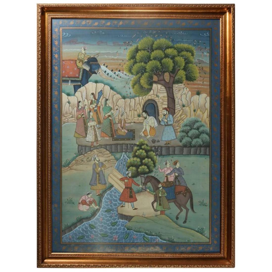 Antique Framed Gilt Decorated Assam Painting of Village: Antique framed Assam painting depicts village scene near stream, foliate gilt decorated border, early 20th century. Measures: 44" H x 33" W x 2" D framed; 39" H x 28" W.