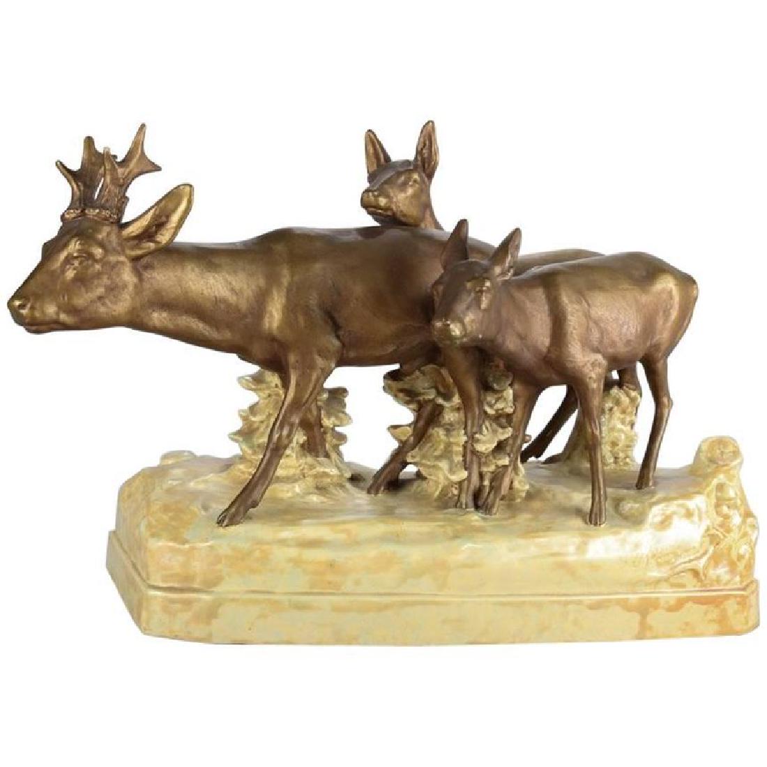 Lrg Antique Amphora Pottery Woodland Gilt Stag & Doe (1 of 6)