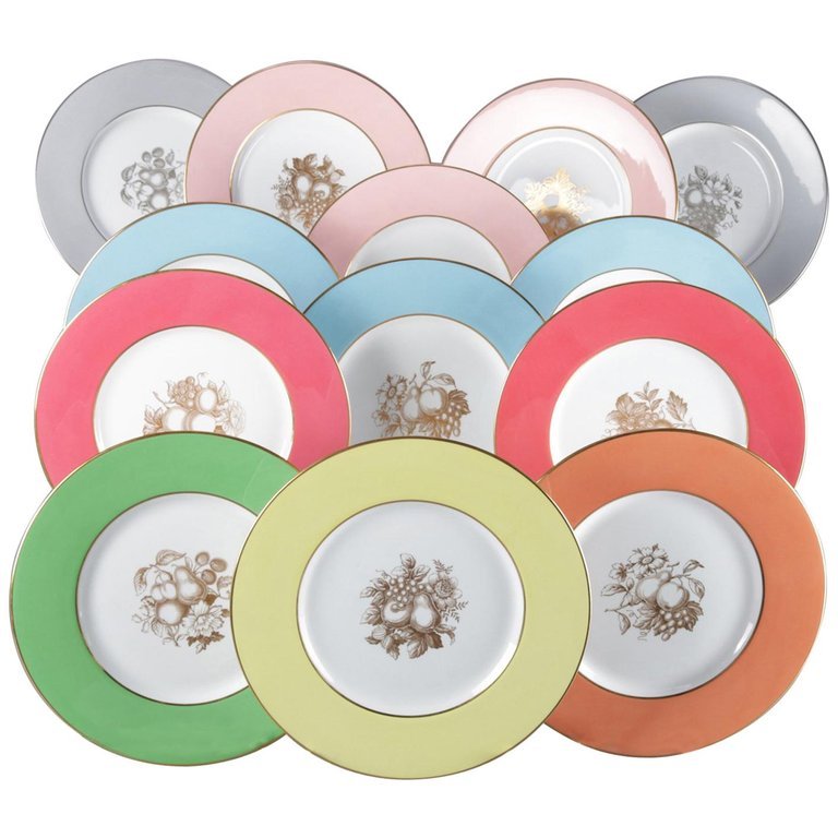13 English Spode Multi-Colored Fruit Porcelain Dinner P: "Set of 13 English porcelain dinner plates by Spode feature multi colored rims in pastel palette with gilt trim (all gold gilt except grey rims with silver gilt) and central fruit and floral motif, en