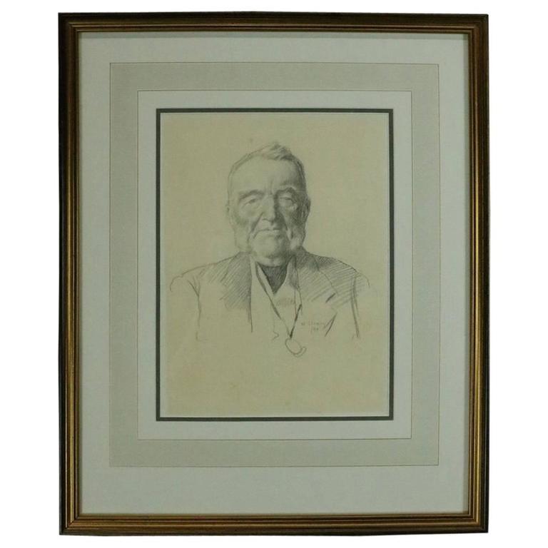 Antique Scottish Drawing by Sir William Strang: Antique framed pencil and wash drawing by listed artist Sir William Strang (1859-1921), "Portrait of an Advocate", French, late 19th century. Label reads "From Abbott & Holder William Strang R. A. 185