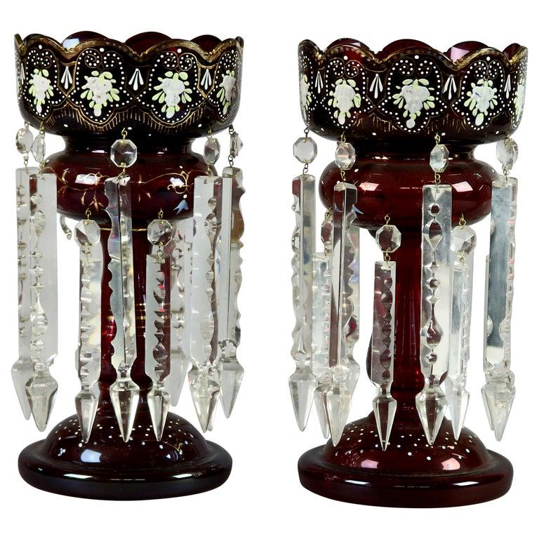 Pair Antique Victorian Ruby Glass Mantel Lusters (1 of 10)