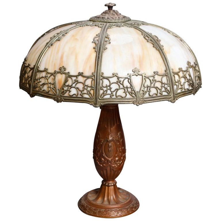 Antique Arts & Crafts Panel Slag Glass Table Lamp (1 of 10)