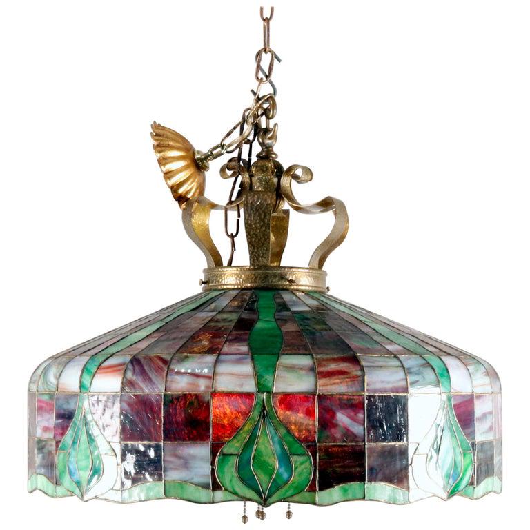 Arts & Crafts Leaded Stained Glass Mosaic Chandelier (1 of 9)