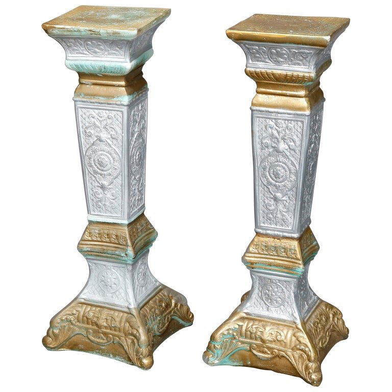2 Neoclassical Style Silver & Gold Painted Pedestals (1 of 7)