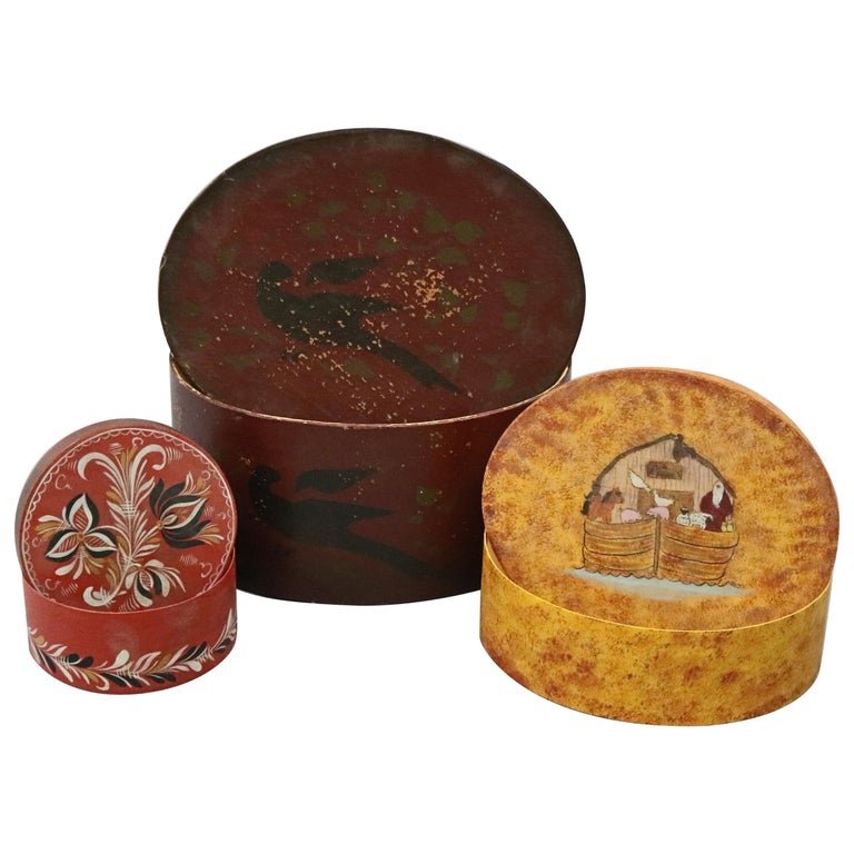 3 Folk Art Paint Decorated Oval Lesher School Boxes (1 of 9)