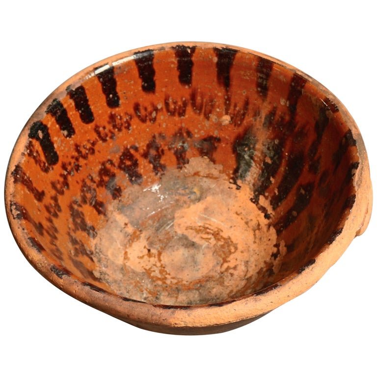 Early Decorated Redware Handled Mixing Bowl, circa 1840 (1 of 4)