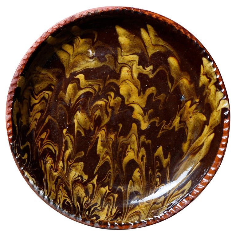 Antique Mocha Decorated Redware Pottery Pie Plate Dish (1 of 5)