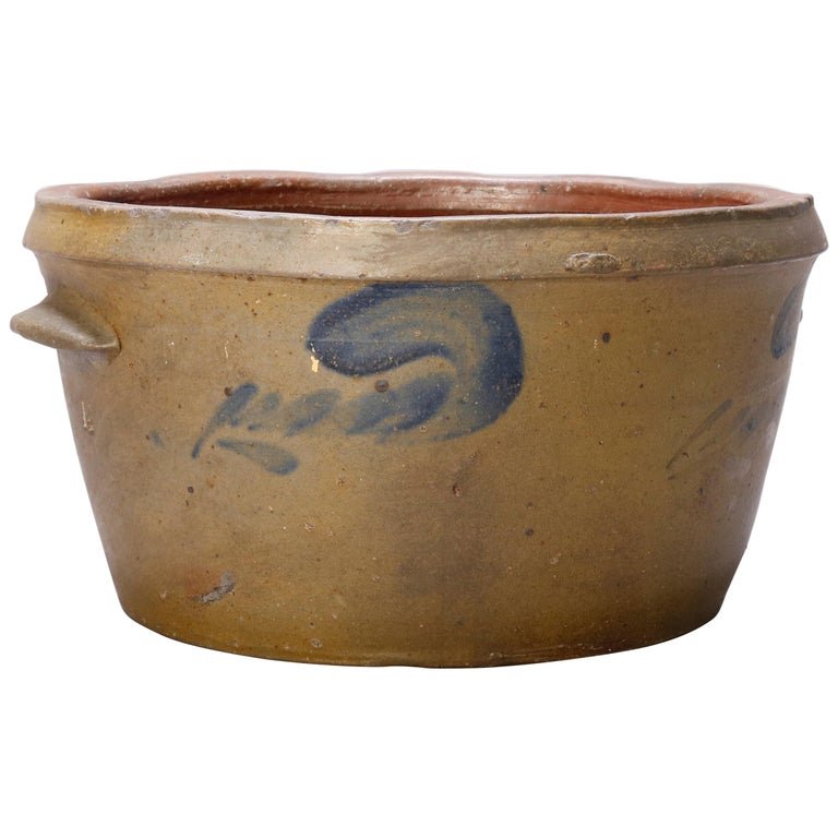Antique Hand Thrown Blue Decorated 3-Gal Cake Crock (1 of 7)