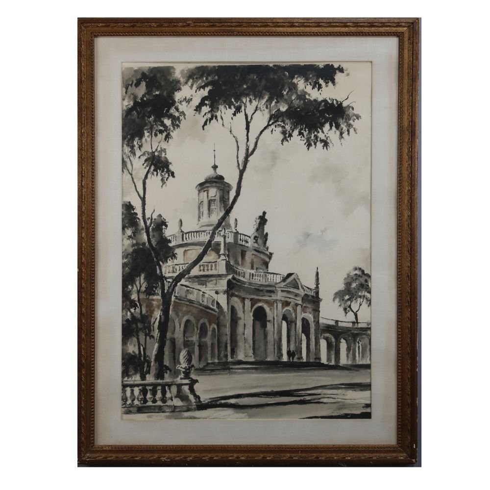 Oversized Italian Charcoal & Watercolor of Villa (1 of 7)