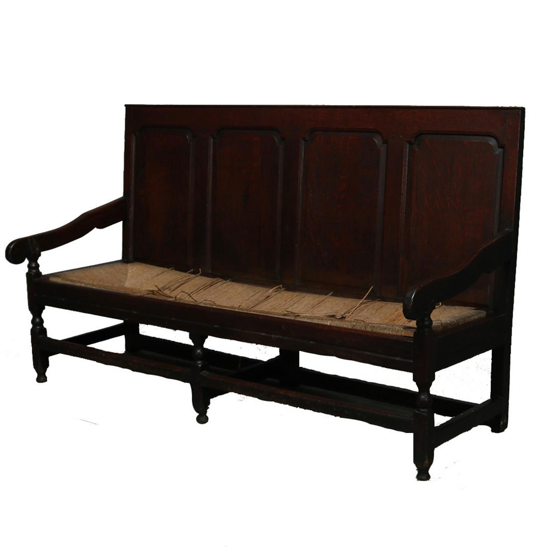 English Oak Jacobean Long Bench with Rush Seat, 19th c: English Oak Jacobean Long Bench with Rush Seat, 18th century. Measures - 43" h x 73" w x 27" d, seat: 17" h x 69" w x 18" d ***IN-HOUSE SHIPPING & DELIVERY QUICK QUOTES AVAILABLE UPON REQUEST***
