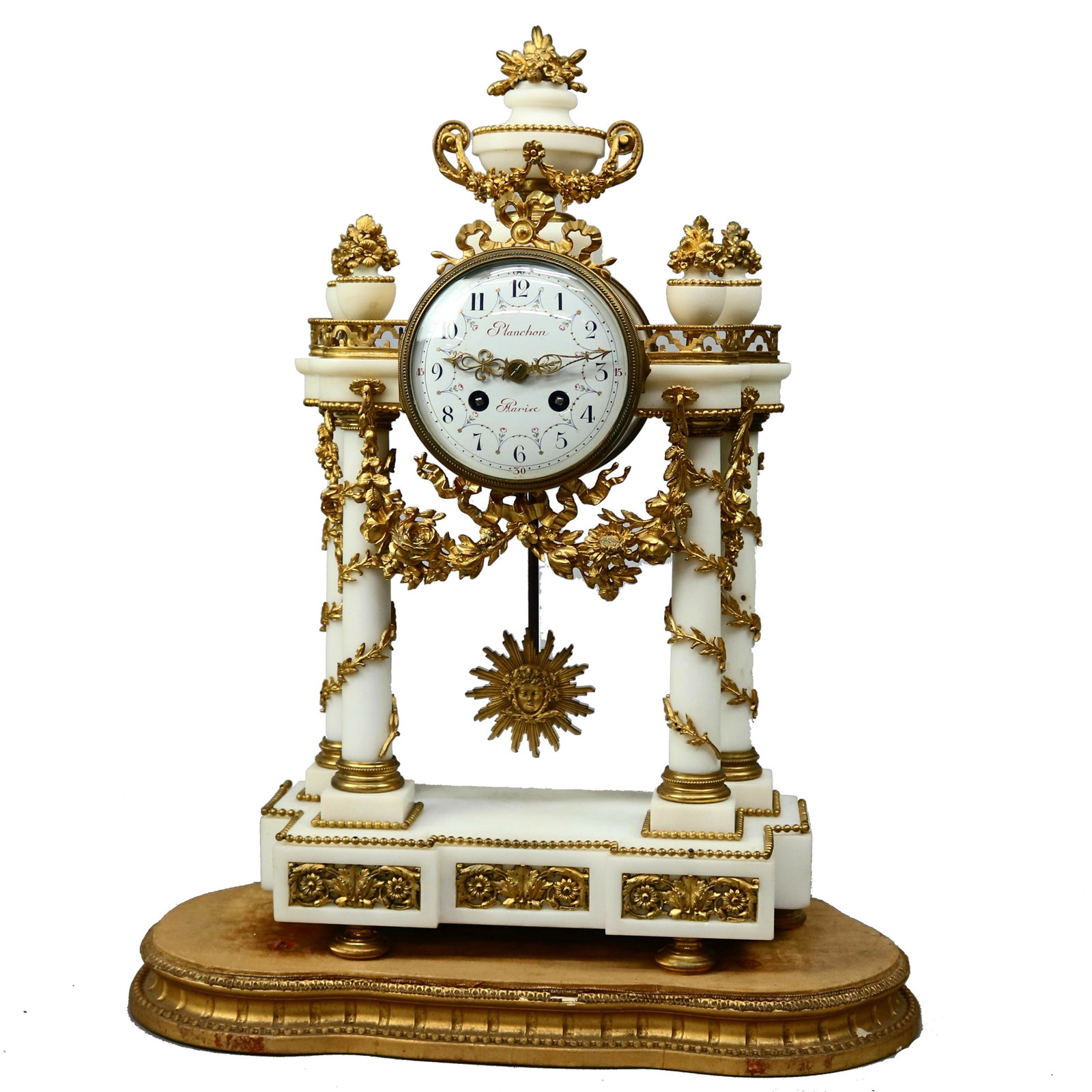 French Emp Gilt Bronze & Marble Clock, Silk Thread Mvmt: Antique French Empire Portico clock offers silk thread movement in marble case with urn form finial surmounting face with flanking columns raised on shaped base and having cast foliate form ormolu swa