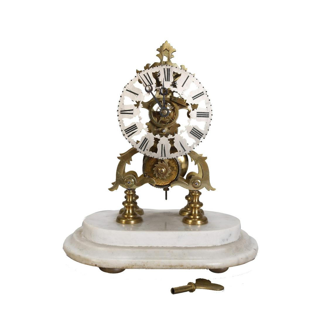 English Skeleton Clock on Marble Base: English Brass Skeleton Clock on Marble Base Measures - 12" h x 11" w x 6" d ***IN-HOUSE SHIPPING & DELIVERY QUICK QUOTES AVAILABLE UPON REQUEST***