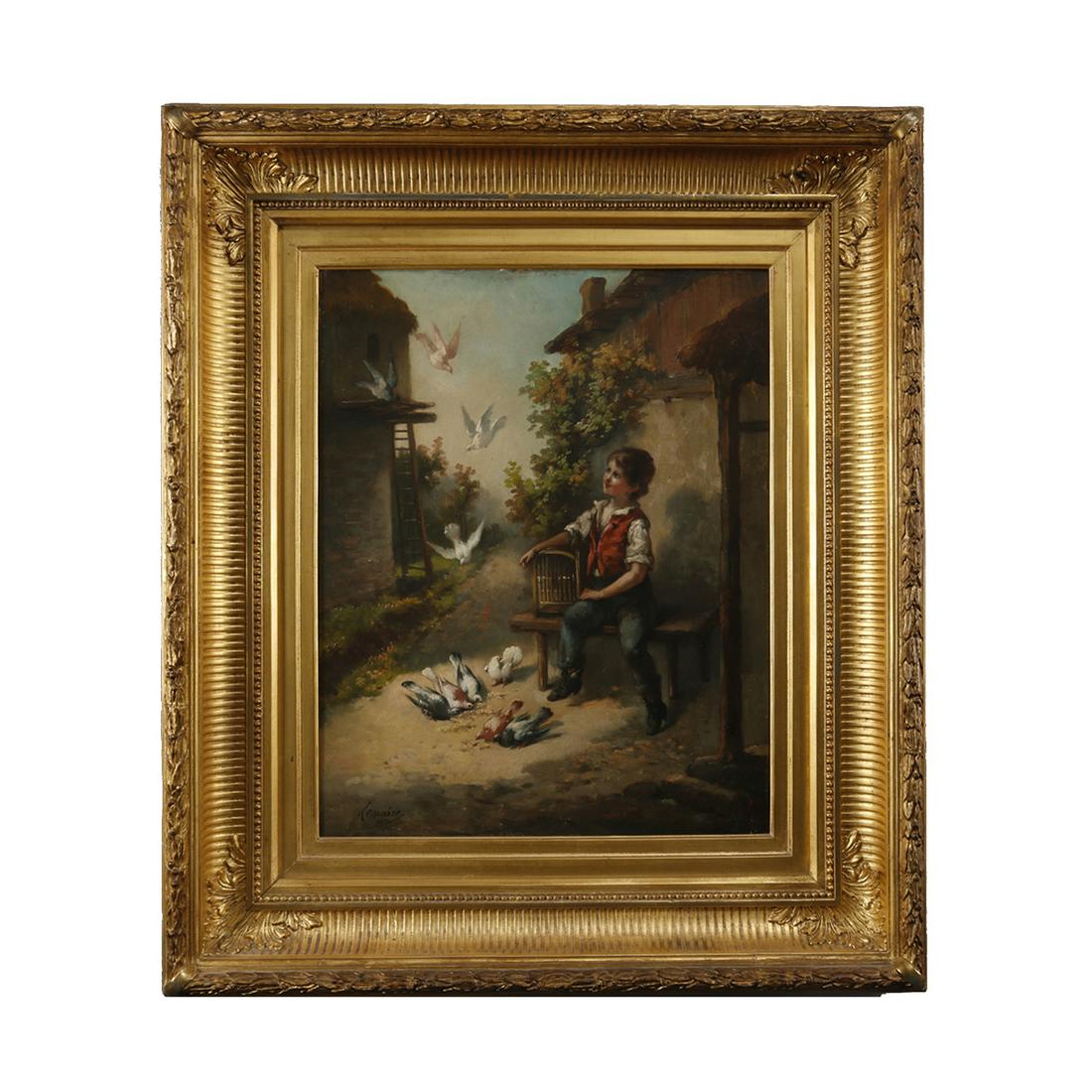 French Oil on Canvas Painting Signed Lemaire, 19th: An antique French Oil on Canvas Painting depicts outdoor genre scene of young boy feeding birds, signed lower left Lemaire, seated in giltwood frame, 19th Century Measures - fr: 30.5" h x 26.5" w x 4.