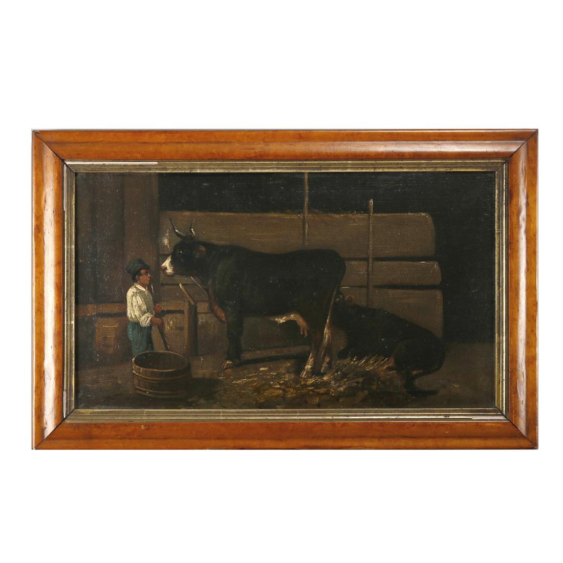 Oil on Canvas Birdseye Maple Framed Farm Scene Painting: Birdseye Maple Framed Cow Painting Oil on Canvas Measures - fr: 25" h x 24" w x .75" d, los: 11" h x 19.75" w ***IN-HOUSE SHIPPING & DELIVERY QUICK QUOTES AVAILABLE UPON REQUEST***