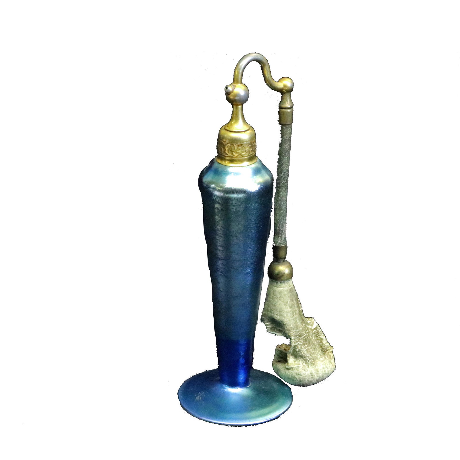 Steuben Blue Aurene Art Glass Atomizer Perfume Bottle: A Steuben Blue Aurene art glass atomizer (perfume bottle) offers slightly flared vessel on circular foot, no visible signature, 20th century. Measures - 7.25"h x 2.75"w x 2.25"d***IN-HOUSE SHIPPING & 