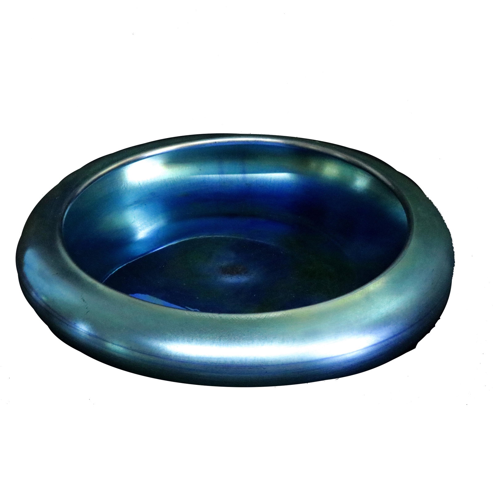 MCM Steuben Blue Aurene Footed Center Bowl: A Mid Century Modern Steuben Blue Aurene Art Glass Footed Low Center Bowl, signed on base as photographed, 20th century.Measures - 2.5"h x 10"diam***IN-HOUSE SHIPPING & DELIVERY QUICK QUOTES AVAILABLE