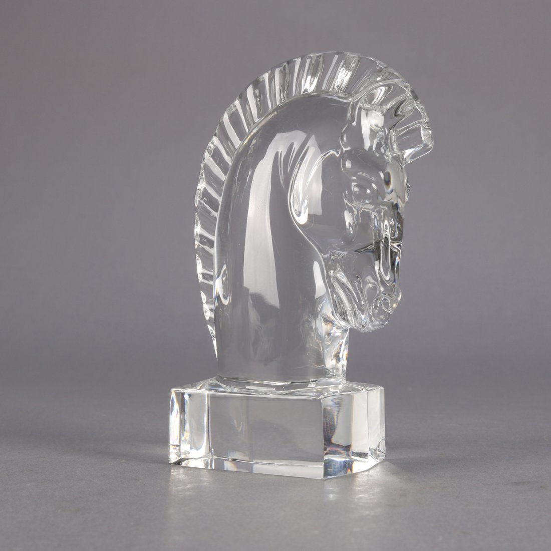 Signed Steuben Crystal Chess Piece,The Knight: Signed Steuben art glass chess piece The Knight, colorless, 20th century. Measures - 5" h x 3"w, 2.5" x 1.75" base***IN-HOUSE SHIPPING & DELIVERY QUICK QUOTES AVAILABLE UPON REQUEST***